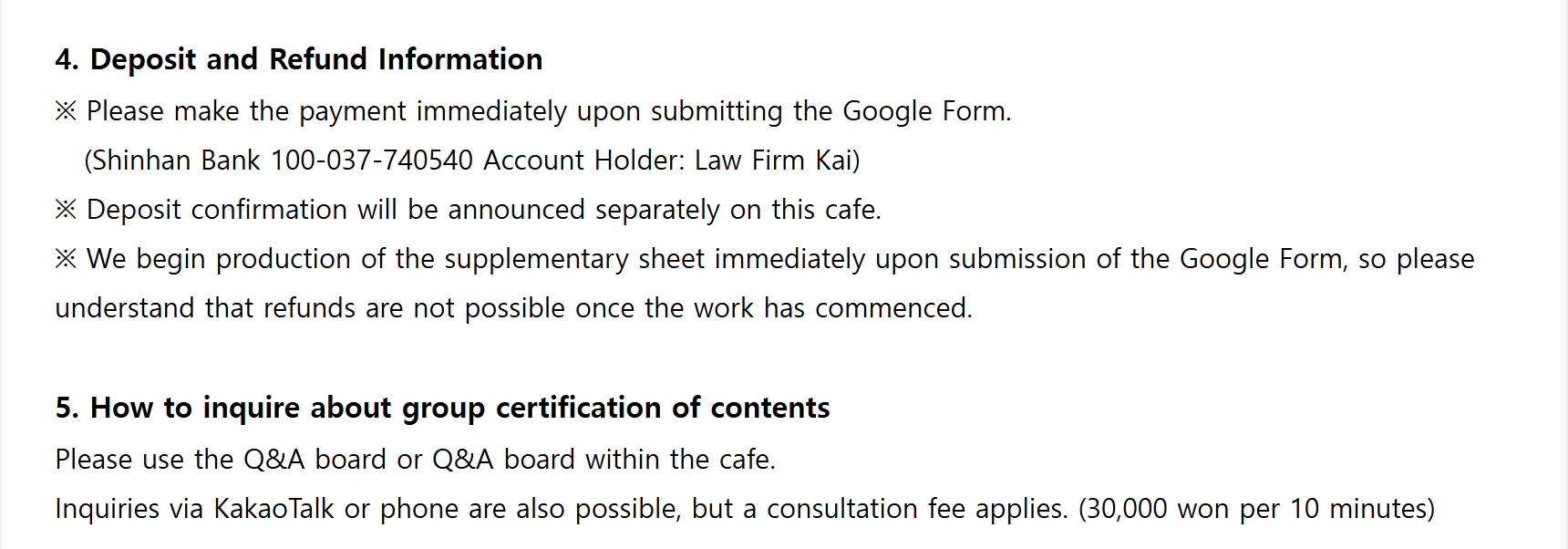 Payment, refunds and questions, translated to English