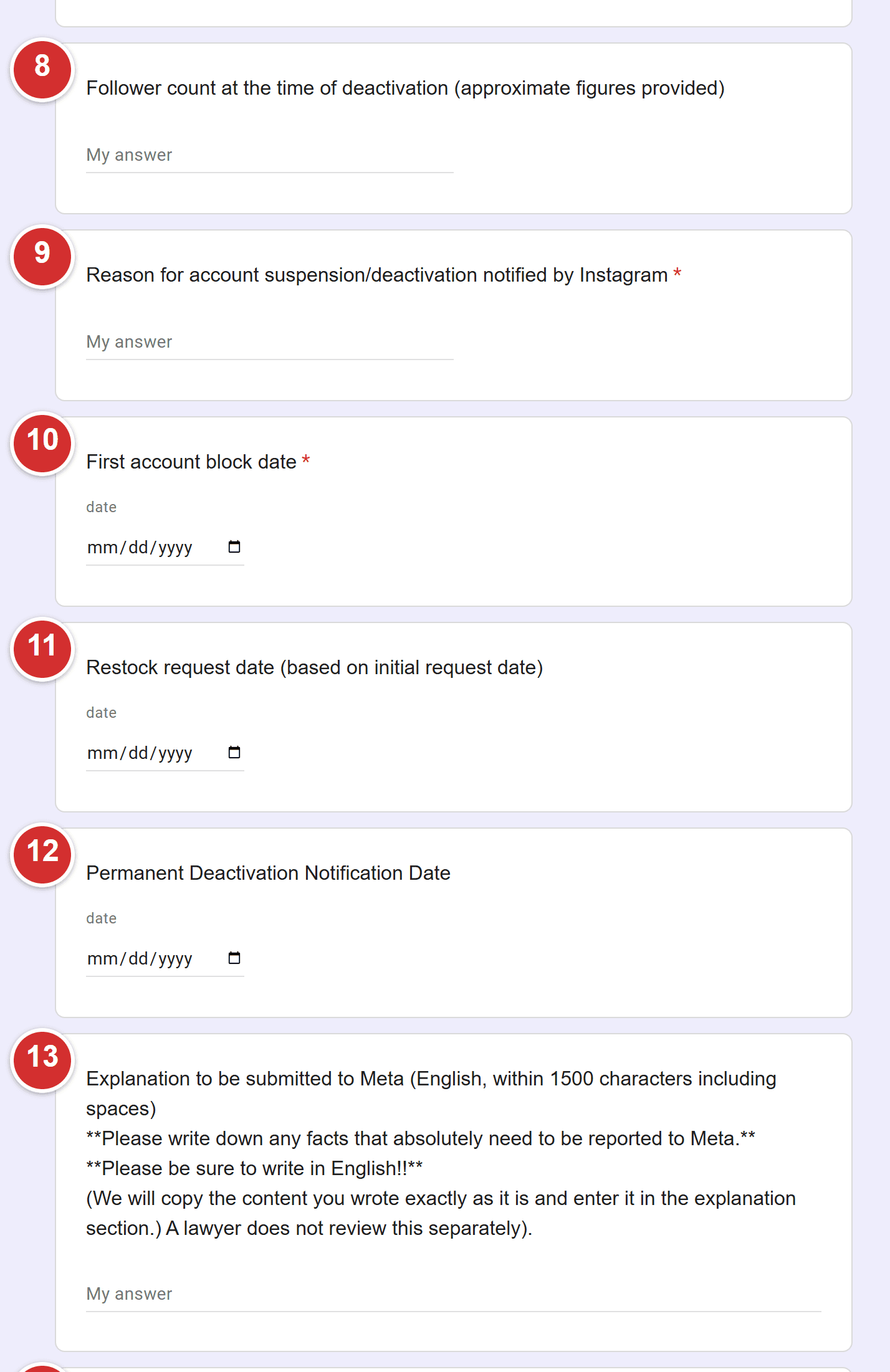 Questions 8 to 13